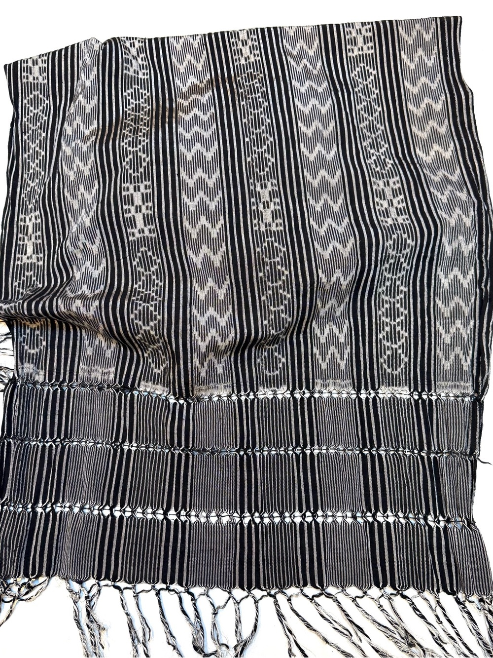 Black & White Striped Rayon Scarf w Fringe